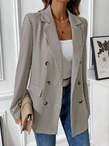 Calvaya Women's Turndown Collar Long Sleeve Fashionable & Versatile Plaid Double-Breasted Blazer Fall Cloth For Women - Coffee Brown - View 4