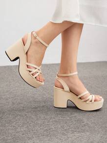 CUCCOO BIZCHIC Woman Shoes Cross Strap Chunky Heeled Sandals, Elegant White Ankle Strap Sandals For Summer Graduation Heels Prom Heels Vacation Shoes Summer Elegant Basics Business Casual Business Chic Christmas Fall New Year Holiday - Apricot - View 5