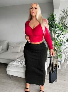 SHEIN SXY Plus Size Casual Mid-Waist Knitted Sweater Skirt , Spring/Autumn , Black