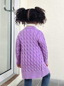 SHEIN 年轻女孩中长款翻领带口袋保暖休闲修身简约流行舒适优雅百搭落肩罗纹 V 领开衫毛衣夹克 - 紫色 - 查看 2