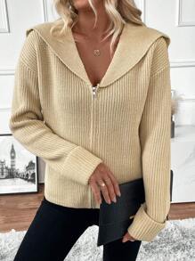 SHEIN LUNE Solid Color Stand Collar Zip-Up Casual Sweater Jacket, Continuous Learning Fall Cloth For Women - Khaki - View 1