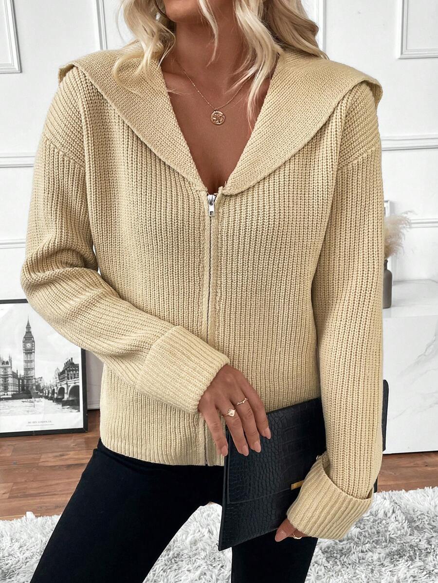 SHEIN LUNE Solid Color Stand Collar Zip-Up Casual Sweater Jacket, Continuous Learning Fall Cloth For Women - Khaki - View 1
