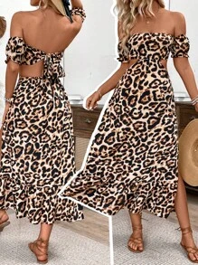 Breezaya Women Leopard Print Off Shoulder Backless Knot High Slit Dress For Summer - Khaki - View 1