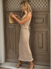 Chiquease Women's Summer Hollow-Out Knit Top And Hat Skirt Vacation Set
