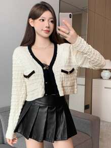 DAZY Women's Casual Striped Trim Crop Cardigan, Autumn/Winter,Fall Women Clothes - Beige - View 4