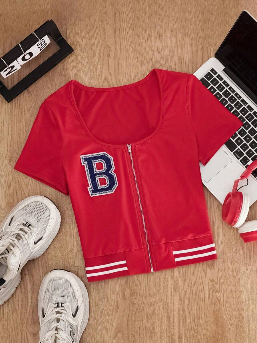 SHEIN Unity Letter Graphic Zip Up Crop Jacket For Summer - Red - View 1