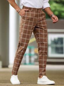 Manfinity Homme Men's Plaid Straight Loose Casual Commute Suit Pants With Pockets Men Plaid Pantsplaid Pants Menplaid Pantscheckered Pantsbrown Pants For Men - Chocolate Brown - View 5