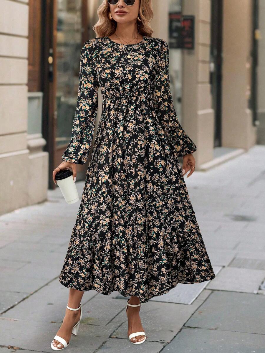 SHEIN Clasi 女式休闲碎花刺绣褶饰长款连衣裙 - 黑色 - 查看 1