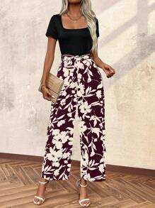 SHEIN LUNE 正面系带全印花连体裤，休闲 - 酒紅色 - 查看 1