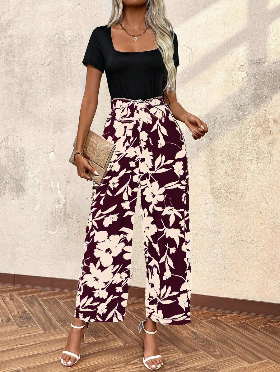 SHEIN LUNE 正面系带全印花连体裤，休闲 - 酒紅色 - 查看 1