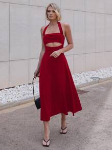 SHEIN Essnce 女式夏季吊带腰中长镂空细节连衣裙 - 紅色 - 查看 3