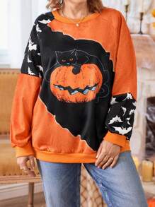 Plus Size Crew Neck Long Sleeve Colorblock Halloween Graphic Loose Pullover Sweatshirt Fall Winter Autumn - Multicolor - View 4