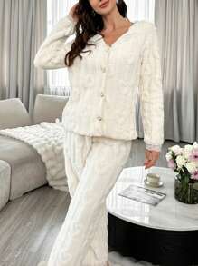 Women's Lace Fleece V-Neck Long Sleeve Top And Straight Casual Pants Pajama Set