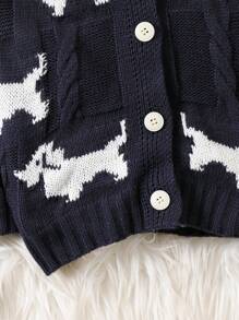 Young Girl Autumn New Round Neck Long Sleeve Cute Puppy Jacquard Striped Trim Cardigan, Lightweight Autumn Jacket For Girls