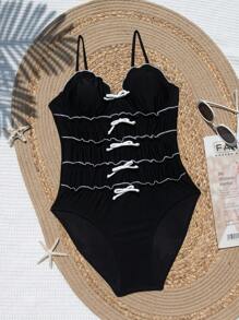 SHEIN Swim 女士彩色蝴蝶结装饰吊带连体泳衣 夏季 - 黑色 - 查看 6