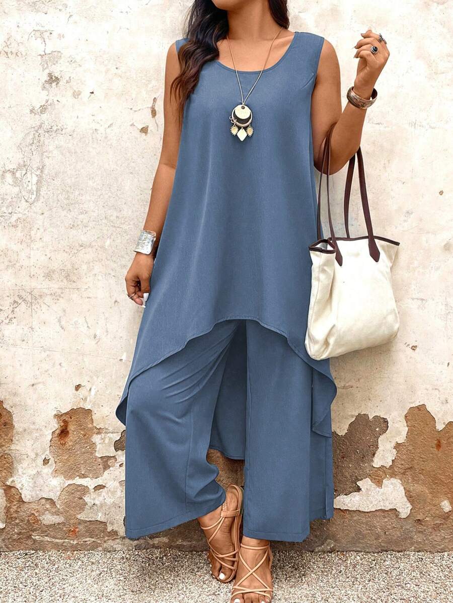 Conjunto de 2 piezas de top sin mangas con cuello redondo y bajo irregular talla grande pantalones casuales sueltos talla grande - Azul - Ver 1