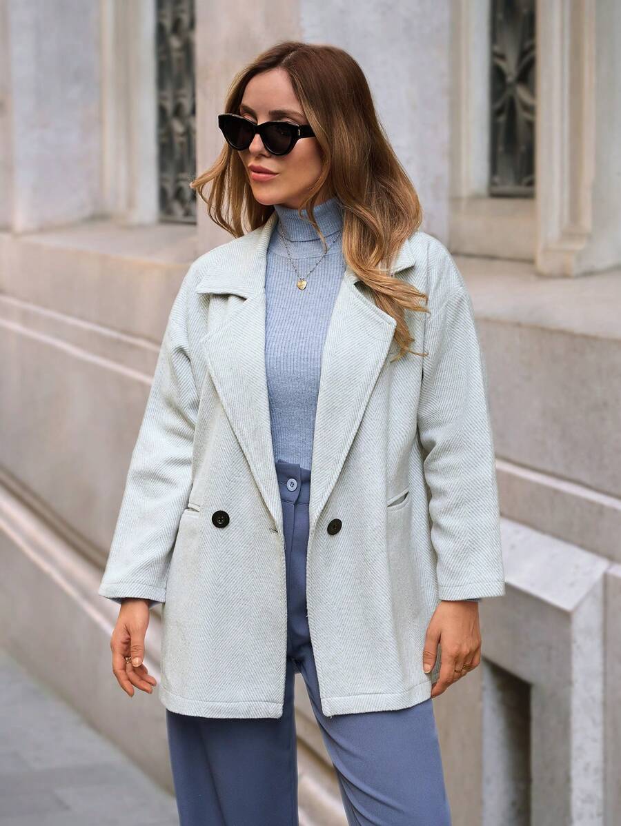 RueChic Lapel Neck Drop Shoulder Button And Pocket Detailed Winter Daily Jacket - Grey - View 1