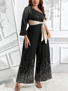 SHEIN Clasi Bộ áo liền quần dài tay bất đối xứng in hoa cỡ lớn, trang phục thường ngày - Vàng - Xem 5