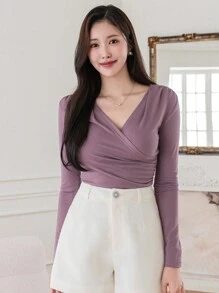 DAZY 情人节纯色 V 领荷叶边修身女式 T 恤，秋季服装长袖女式上衣 - 中紫紅色 - 查看 4