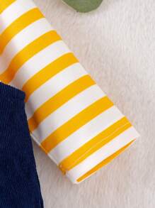 SHEIN Baby Boy Spring Autumn Casual Striped Long Sleeve Top And Penguin Patch Overall Pants Set - Yellow - View 6