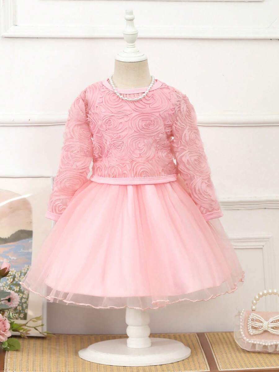 SHEIN 2pcs Girls' Long Sleeve Jacquard Embroidery Mesh Dress & Net Tulle Set, Spring/Autumn - Pink - View 1