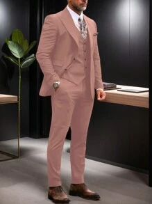 Manfinity Mode 男士純色雙排扣西裝背心和西裝褲套裝，附帶口袋 - 紅木色 - 查看 4
