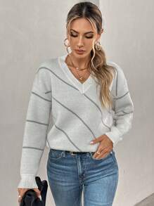 SHEIN LUNE Suéter de punto casual de mujer con bloques de color y rayas, de otoño, jersey de punto para otoño e invierno - Beis - Ver 3