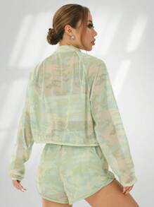 SHEIN Sovereign Charm 女士透明性感运动套装，迷彩扎染印花立领长袖夹克带口袋，高腰防闪光短裤，适合跑步、瑜伽、户外运动女士健身套装女士紧身裤套装 - 彩色 - 查看 3