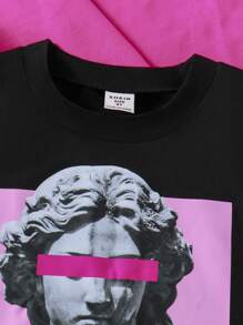 SHEIN 两件套少女夏季时尚印花短袖T恤和银色百褶迷你裙休闲套装，生日礼物 - 玫紅色 - 查看 3