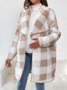 SHEIN Maternity Plaid Print Long Sleeve Jacket - Khaki - View 5