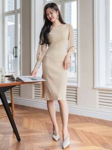 DAZY 女士优雅拼布长袖毛衣裙，适合春秋季节 - 杏色 - 查看 4