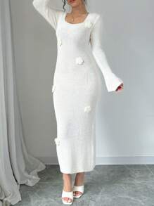 Chiquease 纯色长袖 3D 花朵修身毛衣裙，休闲日常穿着 - 白色 - 查看 7