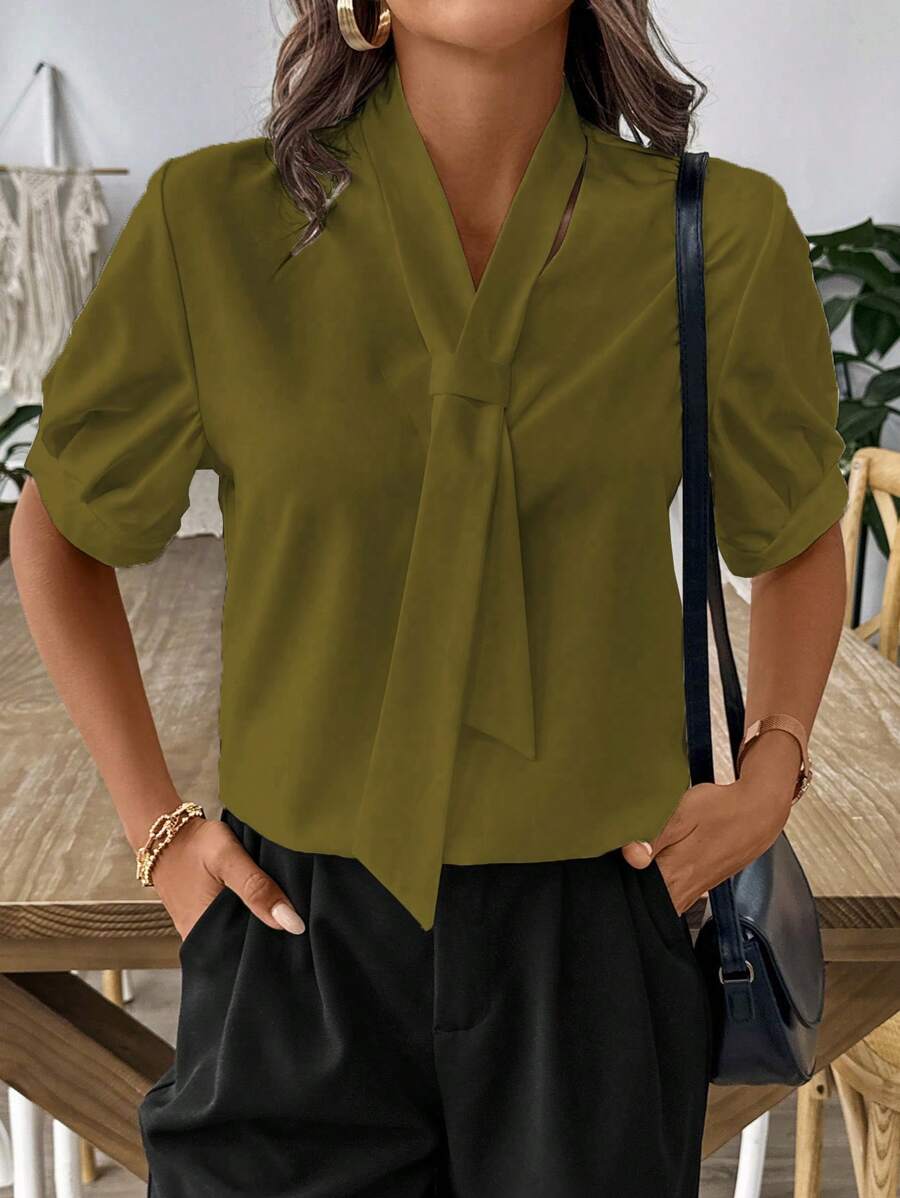 Chiquease Solid Color Lace-Up Collar Short Sleeve Shirt, Summer - Lime Green - View 1