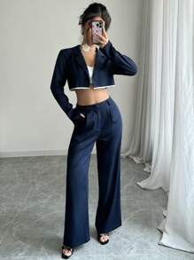 Chiquease Áo khoác blazer cổ ve + Set vest quần ống đứng đơn giản, thời trang - Màu xanh hải quân - Xem 3