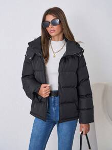 SHEIN Tall Tall Ladies Zip Up Hooded Puffer Coat - Black - View 1