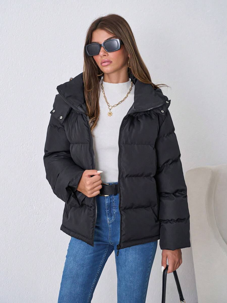 SHEIN Tall Tall Ladies Zip Up Hooded Puffer Coat - Black - View 1