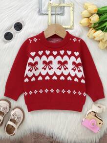 Elegant & Cute Christmas Red Sweater For Infants & Toddlers, Round Neck Long Sleeve Featuring Lovely Heart & Bow Knit Design, Fashionable & Practical Daily Wear - Red - View 1