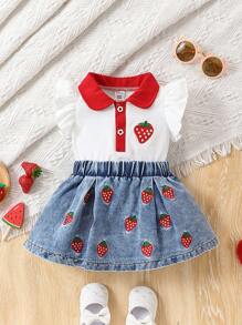 SHEIN Vintaside Kids 2pcs Baby Girls' Ruffled Strawberry Top Matched With Cartoon Denim Skirt Set - White - View 7
