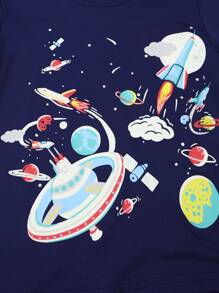 Young Boy Night Glowing Cartoon Space Technology Printing Summer Short Sleeve T-Shirt - Navy Blue - View 5