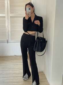 DAZY Conjunto de 2 piezas con blusa de botones con cuello y pantalones para mujer
