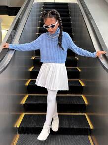 SHEIN Explorewe 2pcs Tween Girls' Knitted Ribbed Turtleneck Long Sleeve Top + Simple Flared Skirt Set - Multicolor - View 1