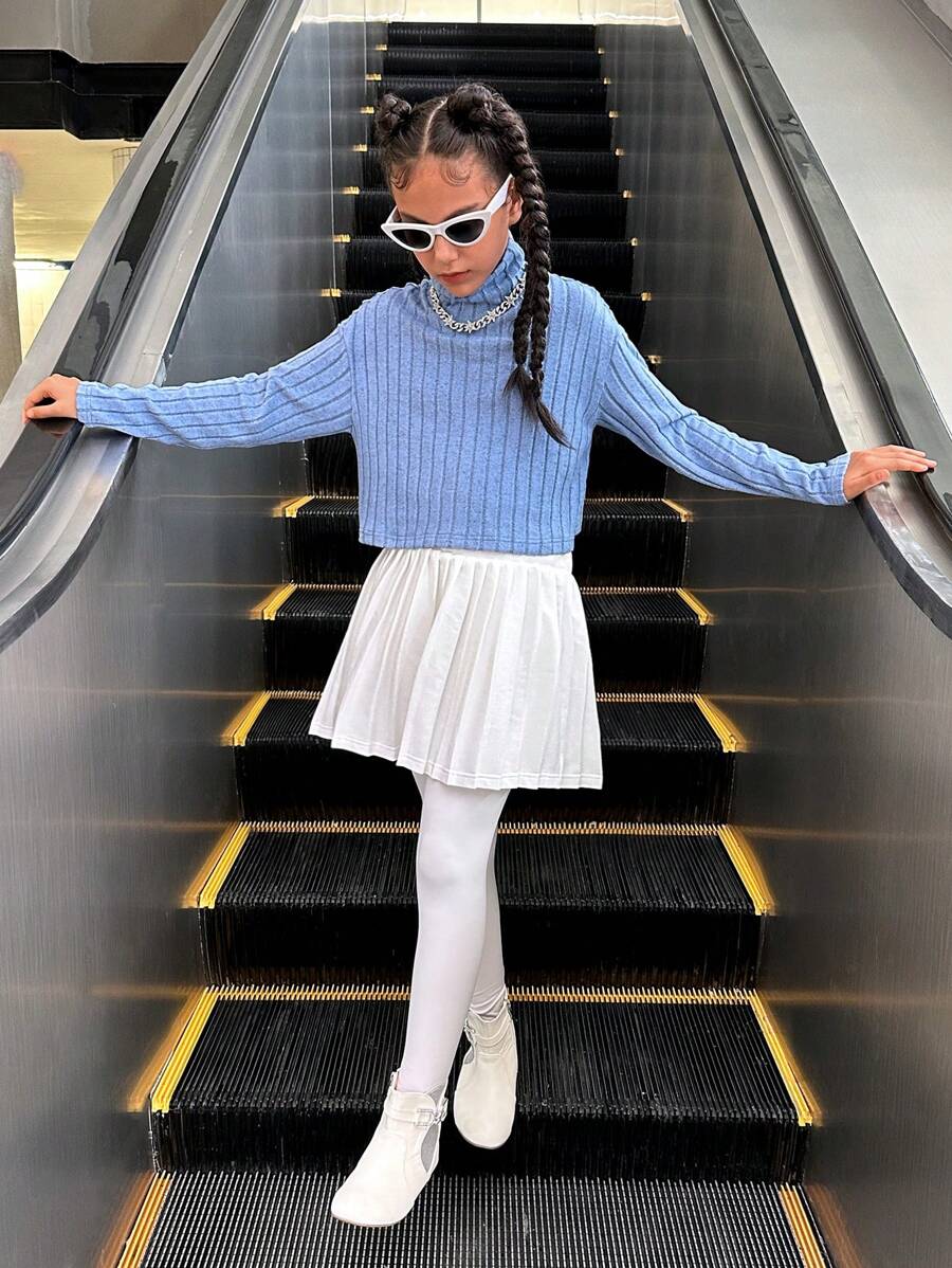 SHEIN Explorewe 2pcs Tween Girls' Knitted Ribbed Turtleneck Long Sleeve Top + Simple Flared Skirt Set - Multicolor - View 1