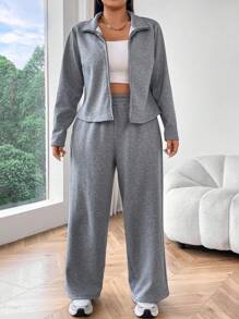 Flirla 2 件大码休闲纯色保暖内衬上衣和裤子套装，秋冬