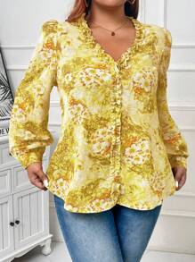 Flirla Plus Size Floral Print Ruffle Hem Long Sleeve Blouse - Yellow - View 3