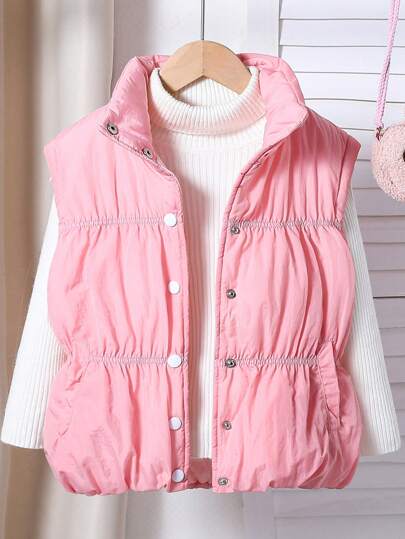 SHEIN Sparklyn 女童（大号）2024秋冬新年休闲可爱粉色蓬蓬棉保暖背心