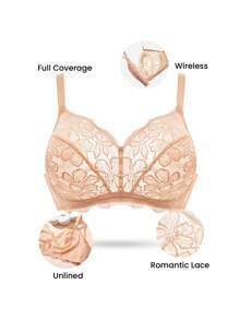 LUVLETTE 加大性感内衣休闲曲线全覆盖无衬里蕾丝优雅透明轻盈舒适 Bralette 缩小胸罩 - 粉色 - 查看 3