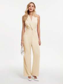 BizChic 女士夏季纯色翻领单排扣无袖优雅办公室连体裤