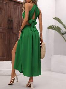 Breezaya Solid Color Hollow Out Split Sleeveless Dress - Green - View 2