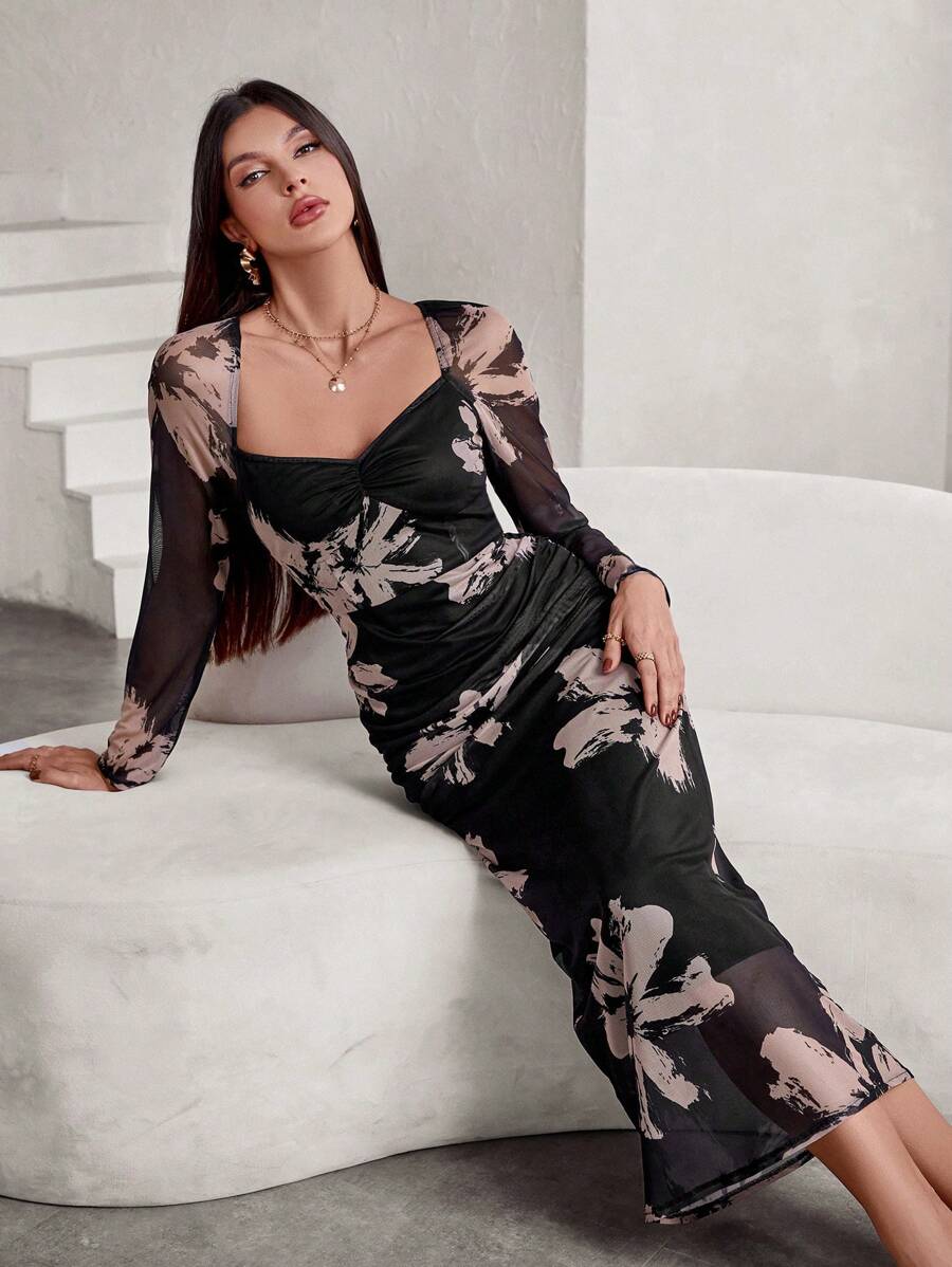 SHEIN Privé Thanh lịch, thời trang và tối giản Màu sắc tương phản Vải lưới Vải ngẫu nhiên In hoa ngẫu nhiên Ruffle Eo Bodycon Dress - Nhiều màu - Xem 1