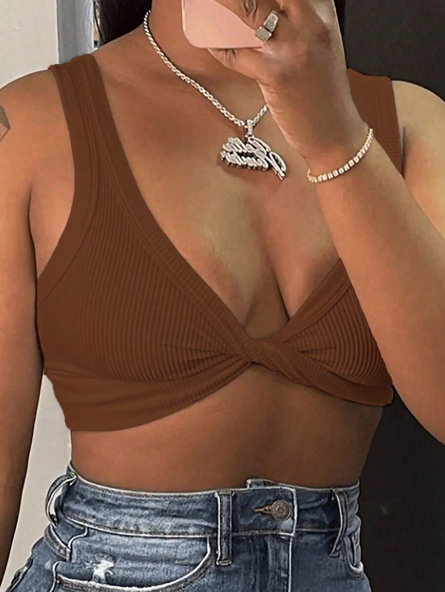 SHEIN Slayr 女士夏季纯色扭纹短款背心 - 棕色 - 查看 1